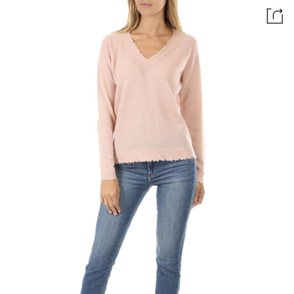 Minnie Rose Pastel Blush Distressed Cashmere Sweater XS
